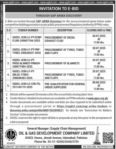 Oil & Gas Development Company Limited Islamabad Tender Notice